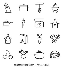 Thin line icon set : stands for knives, pan, corkscrew, bbq, saute, vegetable oil, kitchen scales, apron, cereals, carrot, coffee seeds, cherry, beet, tomato, cheese