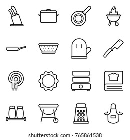 Thin line icon set : stands for knives, pan, bbq, colander, cook glove, chef knife, elecric oven, induction, double boiler, cooking book, salt pepper, grater, apron