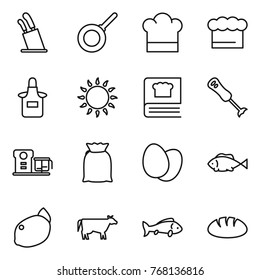 Thin line icon set : stands for knives, pan, cook hat, chief, apron, gas oven, cooking book, blender, food processor, flour, eggs, fish, lemon, cow, bread