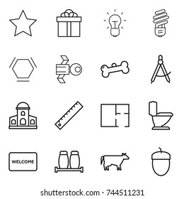 thin line icon set : star, gift, bulb, hex molecule, satellite, bone, draw compass, mansion, ruler, plan, toilet, welcome mat, salt pepper, cow, acorn