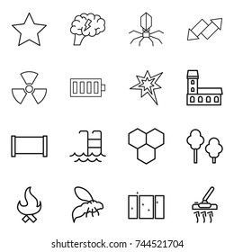 thin line icon set : star, brain, virus, up down arrow, nuclear, battery, bang, mansion, fence, pool, honeycombs, trees, fire, wasp, clean window, vacuum cleaner