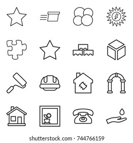 thin line icon set : star, delivery, atom core, sun power, puzzle, block wall, 3d, repair, building helmet, smart house, arch, home, flower in window, phone, hand and drop