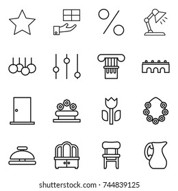 thin line icon set : star, gift, percent, table lamp, sale, equalizer, column, bridge, door, flower bed, perishable, hawaiian wreath, service bell, dresser, chair, jug