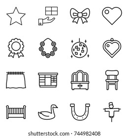 thin line icon set : star, gift, bow, heart, medal, hawaiian wreath, disco ball, pendant, curtain, wardrobe, dresser, chair, crib, goose, horseshoe, scarecrow