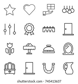 thin line icon set : star, heart, gift, sale, equalizer, medal, bridge, door, perishable, restaurant, service bell, mirror, dresser, horseshoe, jug