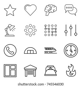 thin line icon set : star, heart, brain, discussion, table lamp, round around, chip, equalizer, phone, hangare, train, watch, window, garage, kettle, fire