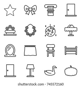 thin line icon set : star, bow, column, door, flower bed, hawaiian wreath, disco ball, restaurant, mirror, curtain, chair, crib, floor lamp, goose, pumpkin