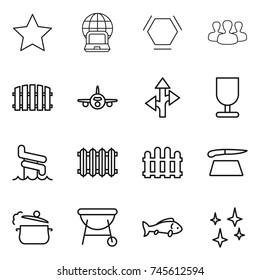 thin line icon set : star, notebook globe, hex molecule, group, fence, plane, route, fragile, aquapark, radiator, cutting board, steam pan, bbq, fish, shining