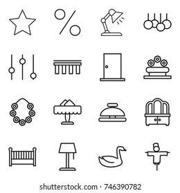 thin line icon set : star, percent, table lamp, sale, equalizer, bridge, door, flower bed, hawaiian wreath, restaurant, service bell, dresser, crib, floor, goose, scarecrow
