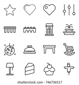 thin line icon set : star, heart, equalizer, bridge, building, fountain, disco ball, service bell, table, rocking chair, floor lamp, cake, cupcake, scarecrow