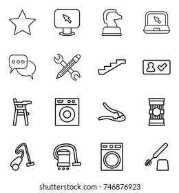 thin line icon set : star, monitor arrow, chess horse, notebook, discussion, pencil wrench, stairs, check in, Chair for babies, washing machine, walnut crack, pasta, vacuum cleaner, toilet brush