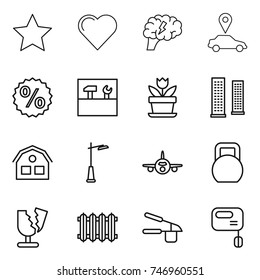thin line icon set : star, heart, brain, car pointer, percent, tools, flower, skyscrapers, house, outdoor light, plane, heavy, broken, radiator, garlic clasp, mixer
