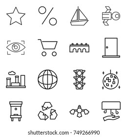 thin line icon set : star, percent, boat, satellite, eye identity, cart, bridge, door, city, globe, traffic light, disco ball, hive, recycling, hard reach place cleaning, hand dryer