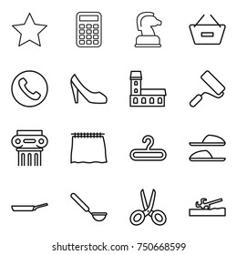 thin line icon set : star, calculator, chess horse, remove from basket, phone, shoes, mansion, repair, antique column, curtain, hanger, slippers, pan, ladle, scissors, soil cutter