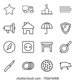 Thin Line Icon Set : Star, Truck, Pedestal, Battery, Megafon, Home, Dry Cargo, Shield, Electricity, Power Socket, Stool, Pan, Knife, Plates, Cookies, Pig