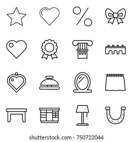 thin line icon set : star, heart, percent, bow, medal, column, bridge, pendant, service bell, mirror, curtain, table, wardrobe, floor lamp, horseshoe
