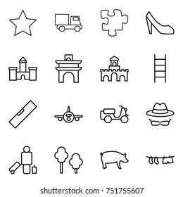 thin line icon set : star, truck, puzzle, shoes, castle, arch, fort, stairs, level, plane, scooter shipping, confidential, passenger, trees, pig, drying clothe