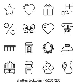 thin line icon set : star, heart, gift, percent, bow, column, bridge, building, hawaiian wreath, service bell, dresser, chair, cupcake, jug