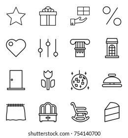 thin line icon set : star, gift, percent, heart, equalizer, column, building, door, perishable, disco ball, service bell, curtain, dresser, rocking chair, cake
