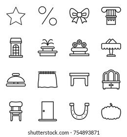 thin line icon set : star, percent, bow, column, building, fountain, flower bed, restaurant, service bell, curtain, table, dresser, chair, door, horseshoe, pumpkin