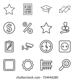 thin line icon set : star, abacus, graduate hat, up down arrow, dollar coin, percent, client, clipboard pen, surveillance, watch, power socket, cutting board, induction oven, watering, viruses