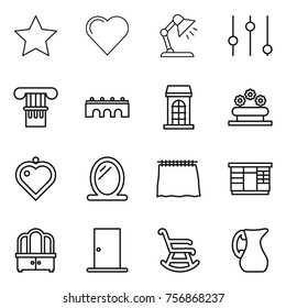 Thin line icon set : star, heart, table lamp, equalizer, column, bridge, building, flower bed, pendant, mirror, curtain, wardrobe, dresser, door, rocking chair, jug
