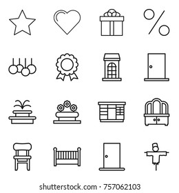 Thin line icon set : star, heart, gift, percent, sale, medal, building, door, fountain, flower bed, wardrobe, dresser, chair, crib, scarecrow