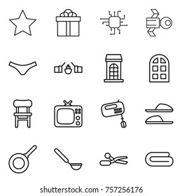 Thin line icon set : star, gift, chip, satellite, underpants, drawbridge, building, arch window, chair, tv, mixer, slippers, pan, ladle, scissors, towel