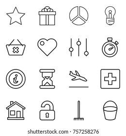 Thin line icon set : star, gift, diagram, bulb, delete cart, heart, equalizer, stopwatch, info, sand clock, arrival, first aid, home, unlocked, rake, bucket