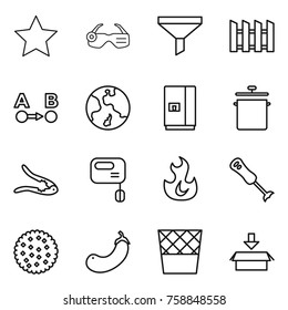 Thin line icon set : star, smart glasses, funnel, fence, route a to b, earth, fridge, pan, walnut crack, mixer, fire, blender, cookies, eggplant, trash bin, package