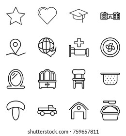 Thin line icon set : star, heart, graduate hat, school, geo pin, delivery, hospital, cooler fan, mirror, dresser, chair, colander, mushroom, pickup, barn, washing powder