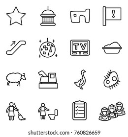 Thin line icon set : star, goverment house, slum, important flag, escalator, disco ball, tv, washing, sheep, harvester, goose, microb, brooming, toilet cleaning, clipboard list, outsource