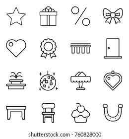 Thin line icon set : star, gift, percent, bow, heart, medal, bridge, door, fountain, disco ball, restaurant, pendant, table, chair, cupcake, horseshoe