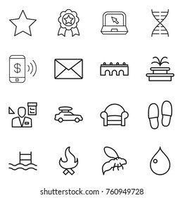 Thin line icon set : star, medal, notebook, dna, phone pay, mail, bridge, fountain, architector, car baggage, armchair, slippers, pool, fire, wasp, drop