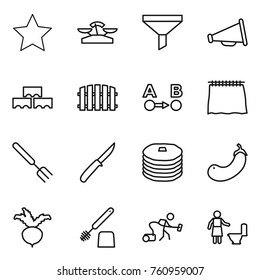 Thin line icon set : star, scales, funnel, loudspeaker, block wall, fence, route a to b, curtain, big fork, knife, pancakes, eggplant, beet, toilet brush, vacuum cleaner, cleaning