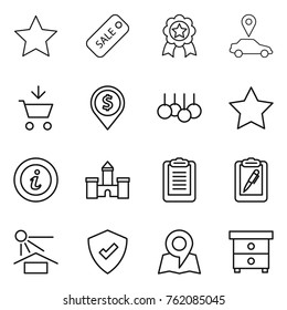 Thin line icon set : star, sale, medal, car pointer, add to cart, dollar pin, info, castle, clipboard, pen, sun potection, protected, map, nightstand