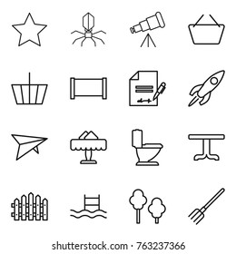 Thin line icon set : star, virus, telescope, basket, fence, inventory, rocket, deltaplane, restaurant, toilet, table, pool, trees, fork