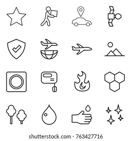 Thin line icon set : star, courier, car pointer, satellite, protected, plane shipping, landscape, ring button, mixer, fire, honeycombs, trees, drop, hand, shining
