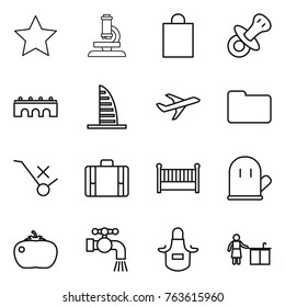 Thin line icon set : star, microscope, shopping bag, nipple, bridge, skyscraper, plane, documents, do not trolley sign, suitcase, crib, cook glove, tomato, water tap, apron, kitchen cleaning