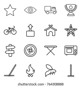 Thin line icon set : star, eye, truck, trophy, bike, baggage, bungalow, starfish, signpost, cooler fan, iron board, grill oven, rake, fire, wasp