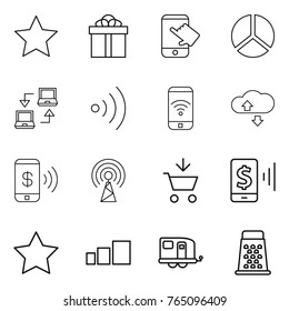 Thin line icon set : star, gift, touch, diagram, notebook connect, wireless, phone, cloude service, pay, antenna, add to cart, mobile, sorting, trailer, grater