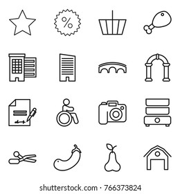 Thin line icon set : star, percent, basket, chicken leg, houses, skyscraper, bridge, arch, inventory, invalid, camera, double boiler, scissors, eggplant, pear, barn
