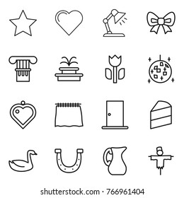 Thin line icon set : star, heart, table lamp, bow, column, fountain, perishable, disco ball, pendant, curtain, door, cake, goose, horseshoe, jug, scarecrow