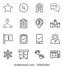 Thin line icon set : star, percent, medal, discussion, car pointer, clipboard, dollar pin, castle, important flag, check, mobile checking, map, handwheel, nightstand, pets, grill oven