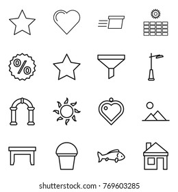 Thin line icon set : star, heart, delivery, sun power, percent, funnel, outdoor light, arch, pendant, landscape, table, bucket, fish, house