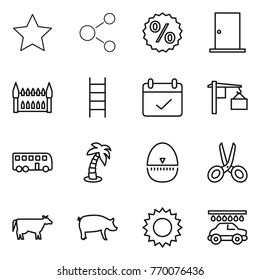 Thin line icon set : star, molecule, percent, door, gothic architecture, stairs, terms, loading, bus, palm, egg timer, scissors, cow, pig, sun, car wash