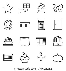 Thin line icon set : star, gift, table lamp, bow, medal, bridge, building, door, flower bed, curtain, wardrobe, dresser, crib, cupcake, scarecrow, pumpkin