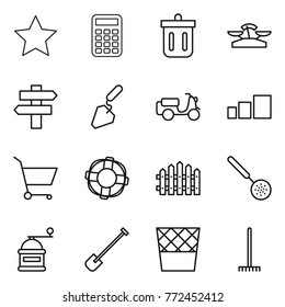 Thin line icon set : star, calculator, bin, scales, singlepost, construction, scooter shipping, sorting, cart, lifebuoy, fence, skimmer, hand mill, shovel, trash, rake