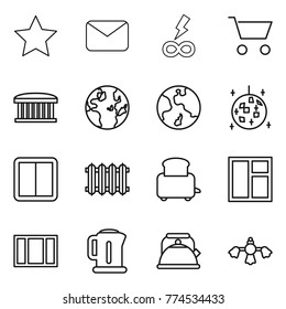 Thin line icon set : star, mail, infinity power, cart, airport building, globe, earth, disco ball, switch, radiator, toaster, window, kettle, hard reach place cleaning