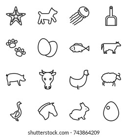 thin line icon set : starfish, dog, jellyfish, scoop, pets, eggs, fish, cow, pig, chicken, sheep, goose, horse, rabbit, egg